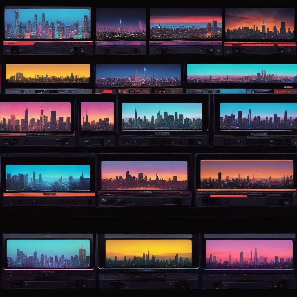A visually striking timeline showcasing the evolution of adult entertainment, featuring a blend of vintage VHS tapes, early DVDs, and modern streaming icons, all interconnected with fluid lines. The background is a vibrant cityscape transitioning from retro neon lights to sleek digital screens, symbolizing the passage of time. Include subtle hints of sensuality with silhouettes and soft lighting effects. The overall mood should be rich and engaging, merging nostalgic and contemporary elements. super-realistic. vibrant colors.