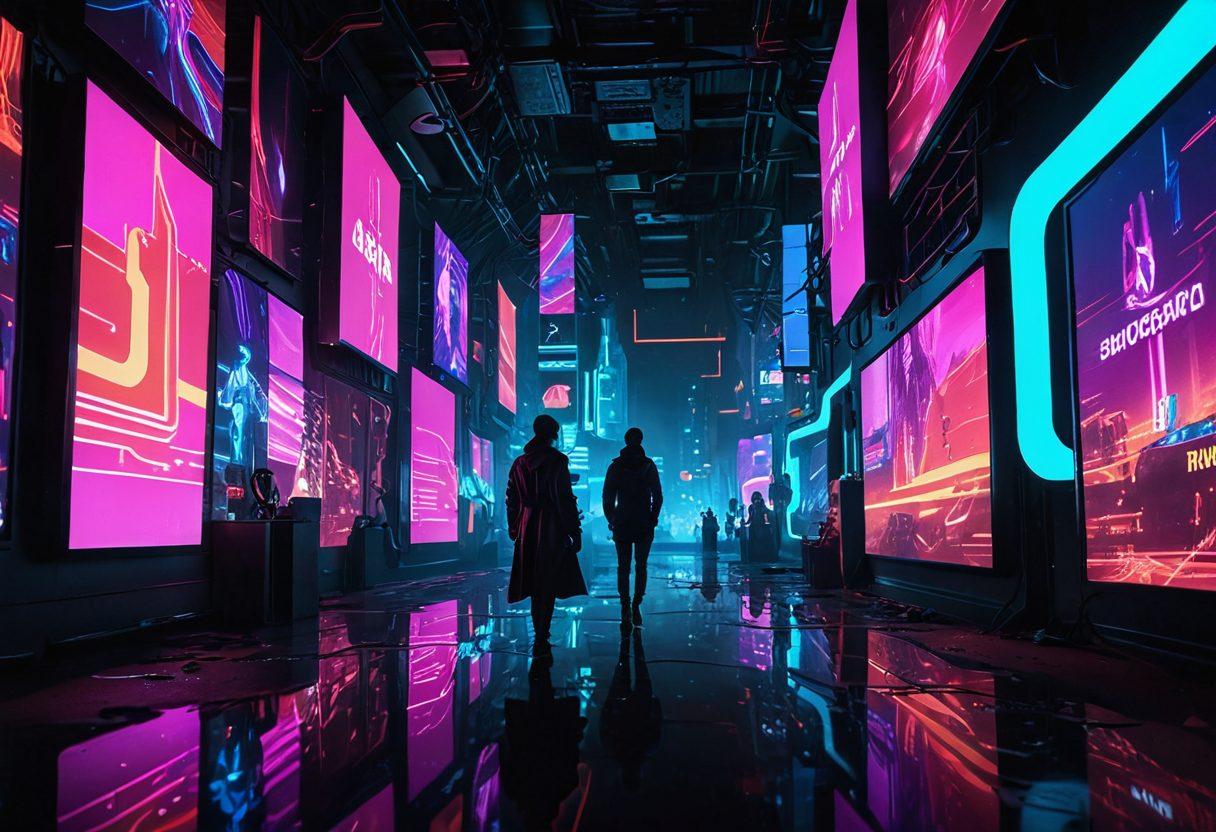 A captivating and vibrant composition showcasing a futuristic digital landscape filled with glowing screens displaying sensual clips. The atmosphere is charged with neon lights and abstract shapes, hinting at the evolution of adult media. Include silhouettes of diverse figures engaging with holographic content, symbolizing inclusivity and innovation in streaming. The overall tone is provocative yet artistic, inviting curiosity. cyberpunk. vibrant colors. 3D.